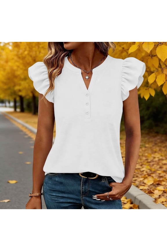 Womens Tops Casaul Buttons V Neck Flutter Cap Short Sleeve Shirts Button Summer Everyday Tops,Sizes S-3XL