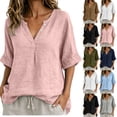 thumbnail image 1 of Womens Tops Casual 100% Cotton V-Neck Button Five-Quarter Sleeve Top, 1 of 8