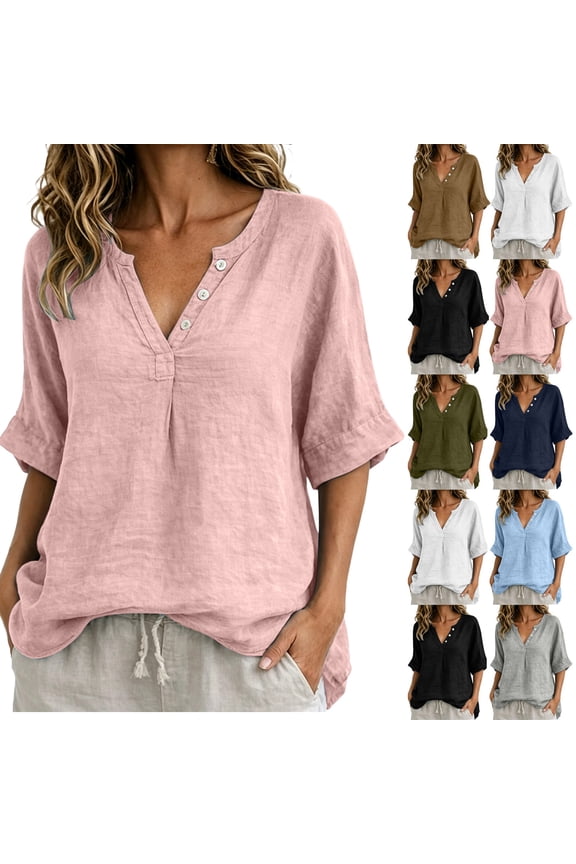 Womens Tops Casual 100% Cotton V-Neck Button Five-Quarter Sleeve Top