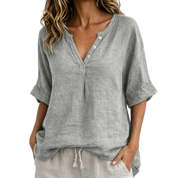 Womens Tops Casual 100% Cotton V-Neck Button Five-Quarter Sleeve Top