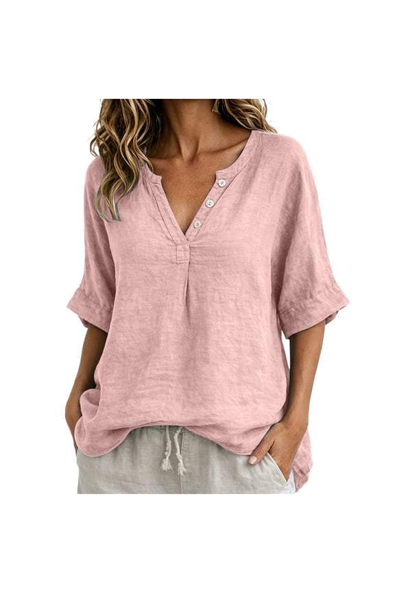 Womens Tops Casual 100% Cotton V-Neck Button Five-Quarter Sleeve Top