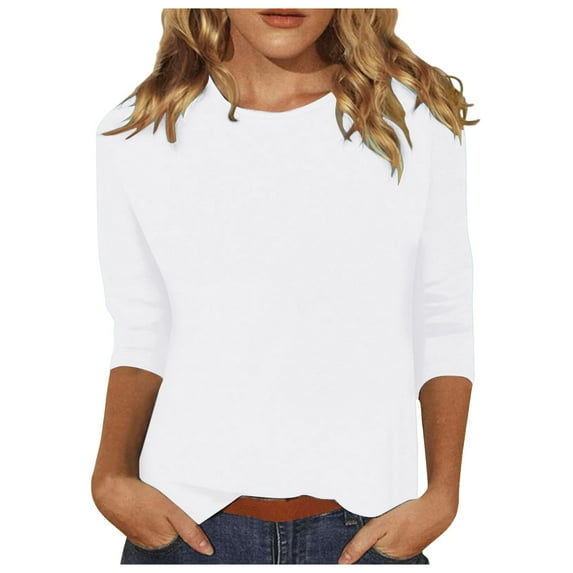 Womens Tops Casual 3/4 Length Sleeve Tops Casual Loose Fit Crewneck T Shirts Cute Solid Three Quarter Length Tunic Tops White L