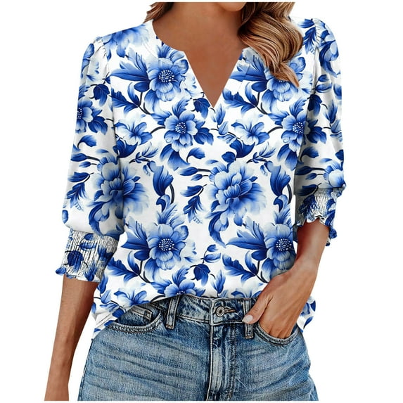 Womens Tops Casual 3/4 Length Sleeve V-Neck Floral Printed Smocked Cuffs Dressy T-Shirts Ladies Tunic Tops