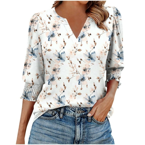 Womens Tops Casual 3/4 Length Sleeve V-Neck Floral Printed Smocked Cuffs Dressy T-Shirts Ladies Tunic Tops