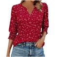 thumbnail image 1 of Womens Tops Casual 3/4 Length Sleeve V-Neck Floral Printed Smocked Cuffs Dressy T-Shirts Ladies Tunic Tops, 1 of 5
