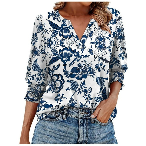 Womens Tops Casual 3/4 Length Sleeve V-Neck Floral Printed Smocked Cuffs Dressy T-Shirts Ladies Tunic Tops