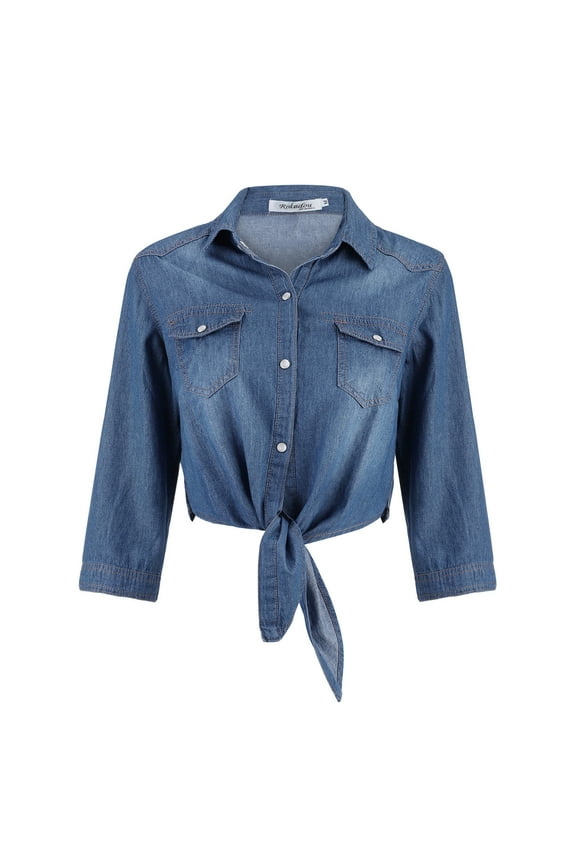 Womens Tops Casual 45355 Sleeve Crop Jean Top Knot Tie Denim Shirt Jacket Shirts for Women