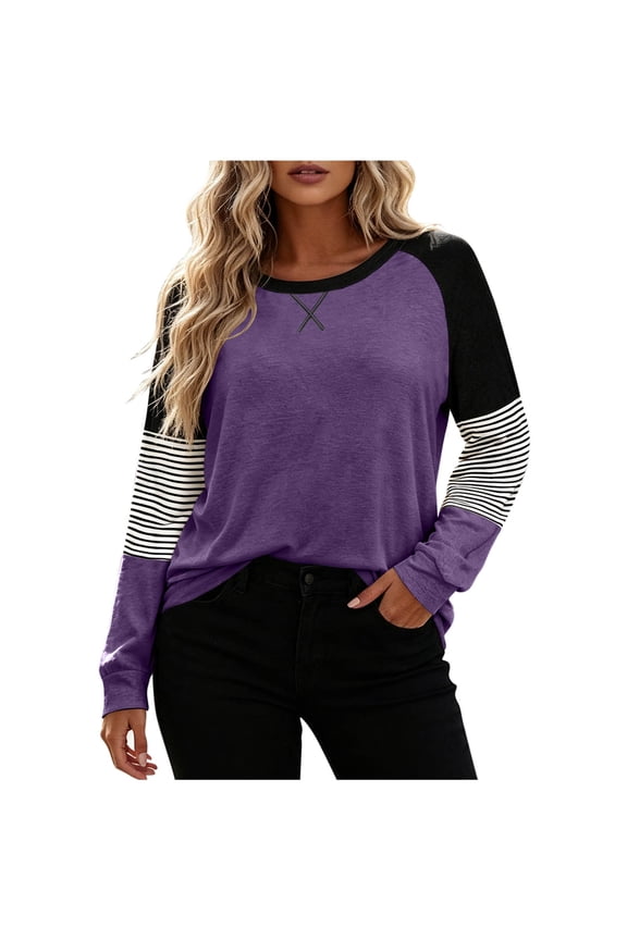Womens Tops Casual Color Block Long Sleeve Sweatshirt Crewneck Striped Shirt Pullover T Shirts Loose Blouses