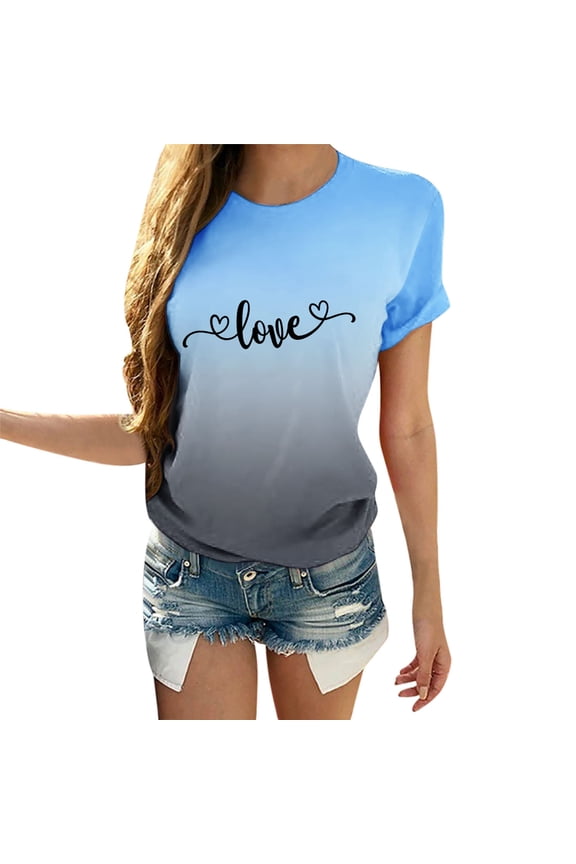 Womens Tops Casual Couples T Shirts Short Sleeve Valentine'S Day Gradient Tie-Dye T-Shirt Women's Blouses,Blue,XL