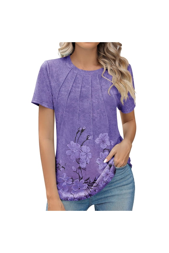 Womens Tops Casual Crew Neck Short Sleeve Pleated Top Blouse Fashion Clothing Polyester Spandex 1Pc 2Xl Shirts for Women