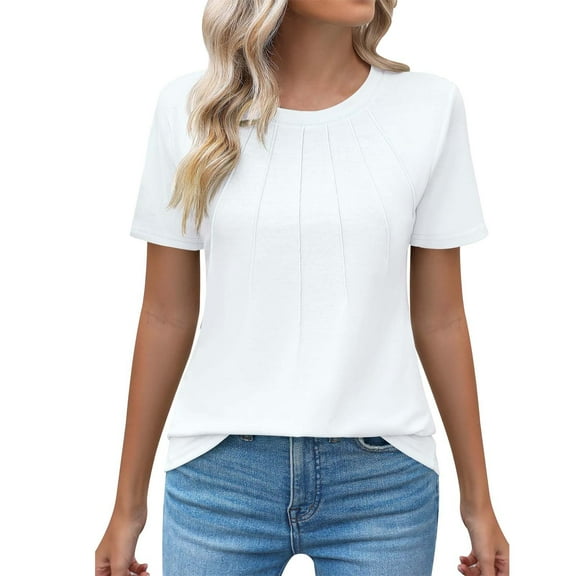 Womens Tops Casual Crew Neck Short Sleeve Pleated Top Blouse Fashion Clothing Polyester Spandex 1Pc M Shirts for Women