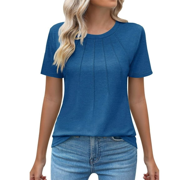 Womens Tops Casual Crew Neck Short Sleeve Pleated Top Blouse Fashion Clothing Polyester Spandex 1Pc M Shirts for Women