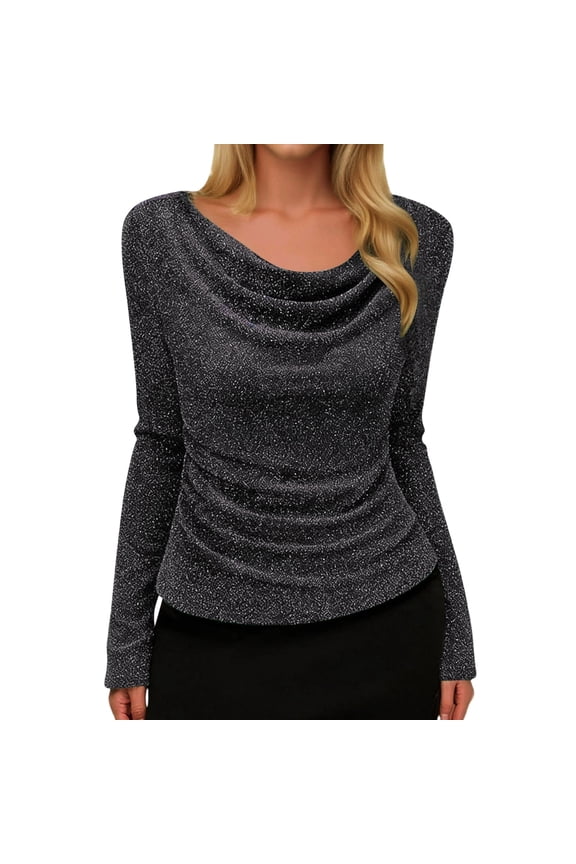 Womens Tops Casual Draped Neckline Glitter Ruched Elasticity Women's Blouses,Black,M