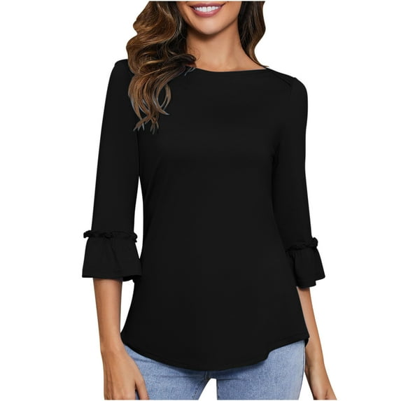 Womens Tops, Casual Elegant 3/4 Flounce Sleeve Solid Color Blouse Slim Fit Longline Stretch Summer T Shirt Tunics Soft Slim Work Office Top Shirts for Laides S-XXL