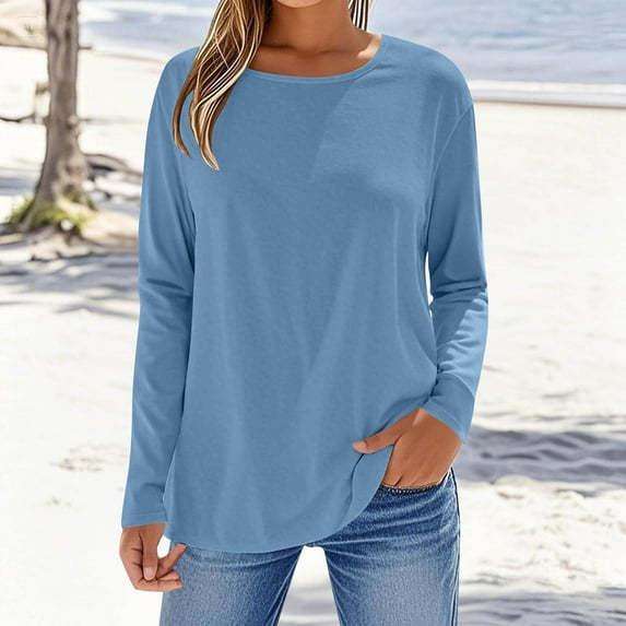 Womens Tops Casual Fall, Women's Fashion Fallow Solid Color Round Neck Long Sleeves T-Shirt Top, Women's Long Sleeve Shirts Plus Size, (Light Blue,M)