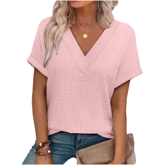 Womens Tops Casual Fashion Clothing Solid Color T-Shirts V-neck Short Sleeve Top