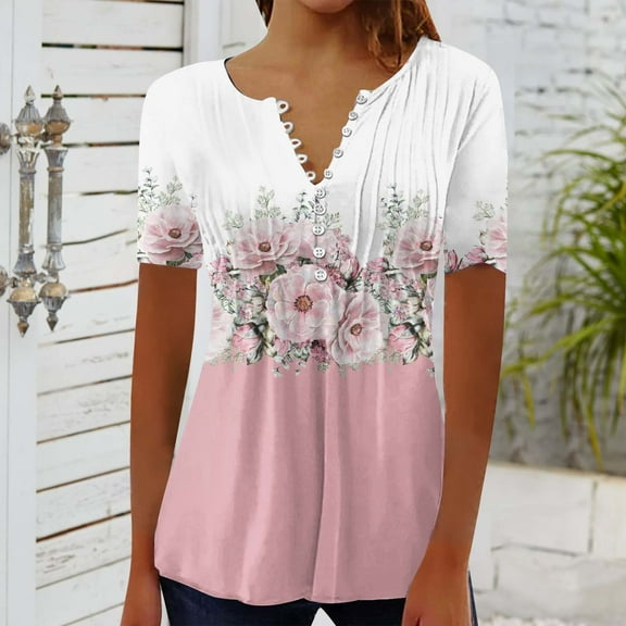 Womens Tops Casual Fashion Floral Print Tunic Plus Size Short Sleeve V Neck Shirts