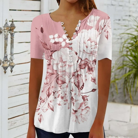 Womens Tops Casual Fashion Floral Print Tunic Plus Size Short Sleeve V Neck Shirts
