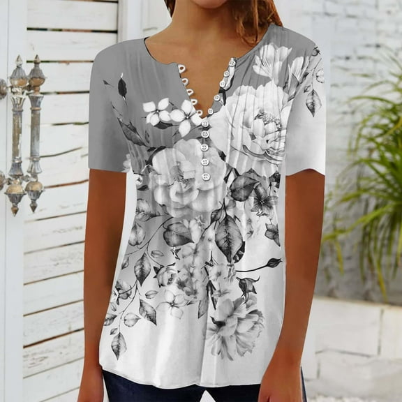 Womens Tops Casual Fashion Floral Print Tunic Plus Size Short Sleeve V Neck Shirts