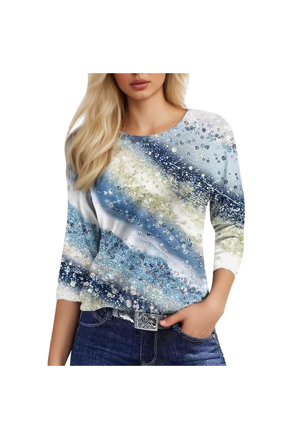 Womens Tops Casual Fashion Round Neck 3/4 Sleeve Ladies Clothing,Blue,L