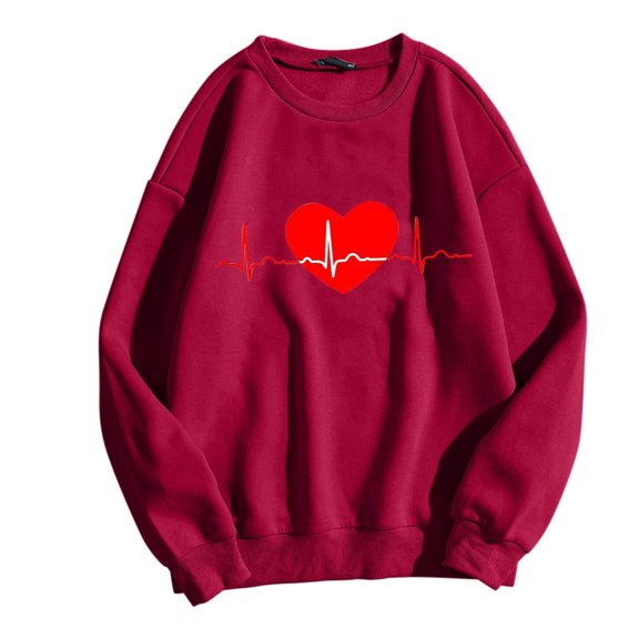 Womens Tops Casual Fashion Valentine'S Print Shirt O Neck Long Sleeve Sweatshirts Pullover Womens Blouse,Wine,S