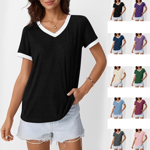 Womens Tops Casual Gradient T-Shirt Comfy Loose Tees V-Neck Tunic Top Short Sleeve Shirts Stripe Side Split Pullover Blouse(Black,S)
