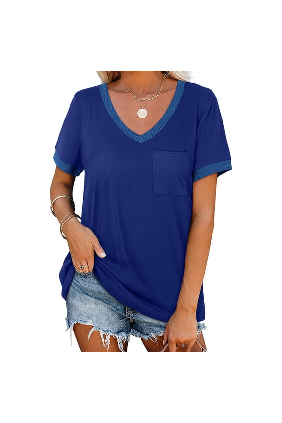 Womens Tops Casual Gradient T-Shirt Comfy Loose Tees V-Neck Tunic Top Short Sleeve Shirts Stripe Side Split Pullover Blouse(Blue,XXL)