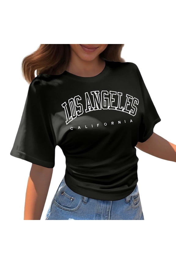 Womens Tops Casual Half Sleeve Cinched Waist Y2K Crewneck T Shirt Blouses,Black,M