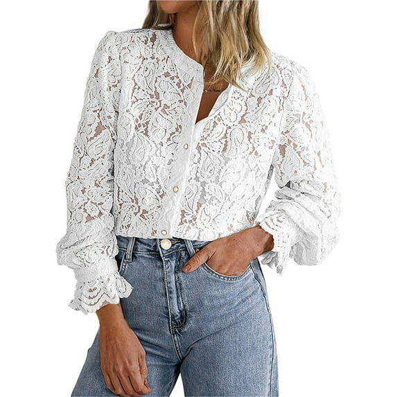 Womens Tops Casual Lace Blouse Long Sleeve Button Up Top Fall Fashion Shirt Soft Nylon Spandex Blend L Sweaters For Women