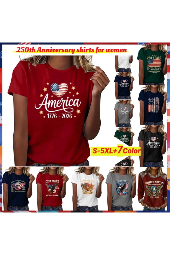 Womens Tops Casual,Ladies Classic USA 250th Anniversary Printed Shirt, Relaxed Fit Short Sleeve Round Neck Graphic Tee, Comfort Lightweight Daily Wear, July 4th Gala, 250 Years Birthday Gift