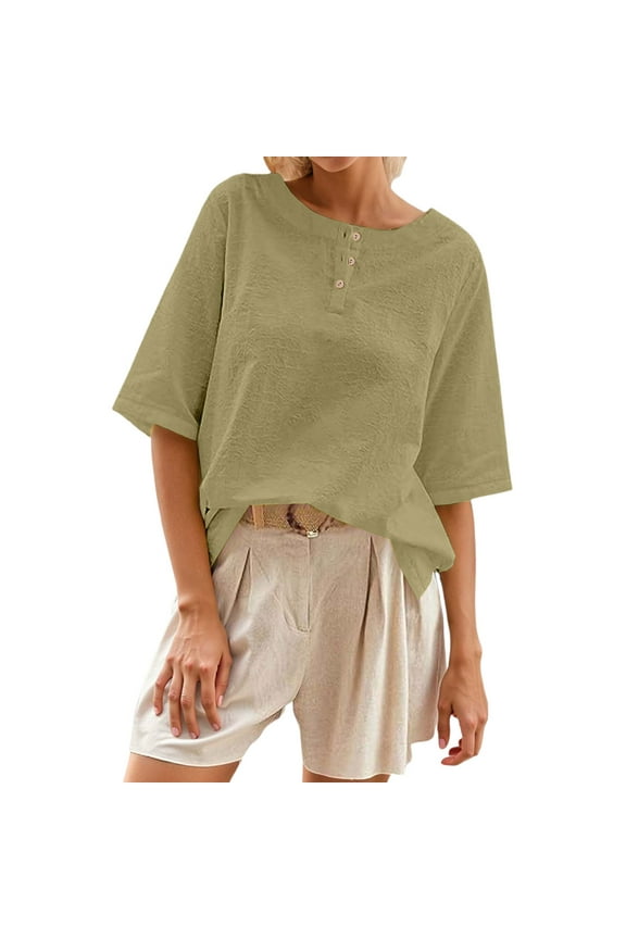 Womens Tops Casual Ladies Round Neck Loose Snap Button Half Sleeve Tee Blouse,Green,M