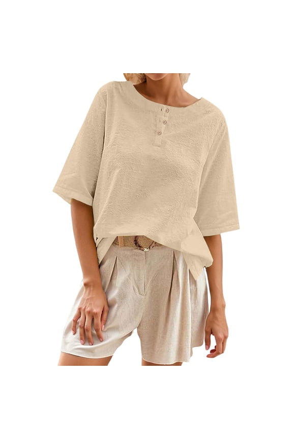 Womens Tops Casual Ladies Round Neck Loose Snap Button Half Sleeve Tee Blouse,Yellow,M