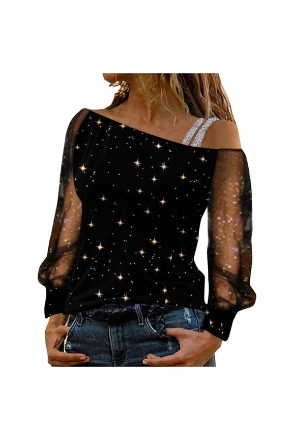 Womens Tops Casual Ladies Sequin Print Off Shoulder Mesh Long Sleeve Patchwork Blouse,Black,S