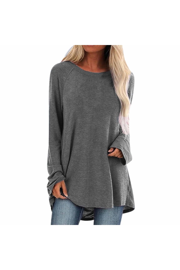 Womens Tops Casual Ladies Solid Color Round Neck Long Sleeve Loose Longline Blouse,Grey,S