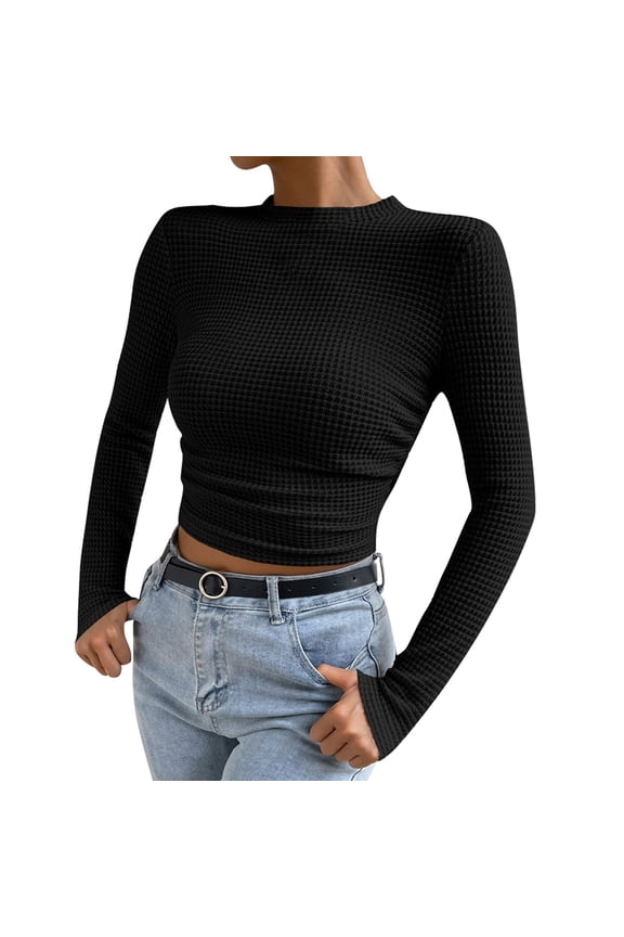 Womens Tops Casual Ladies Waffle Knit Pleated Side Long Sleeve Tee Blouse,Black,L