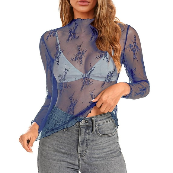 Womens Tops Casual Long Sleeve Blouses Mesh Layering Crew Neck Floral Embroidery Sheer See Through Tee Fall Shirt Womens Clothing Blue S