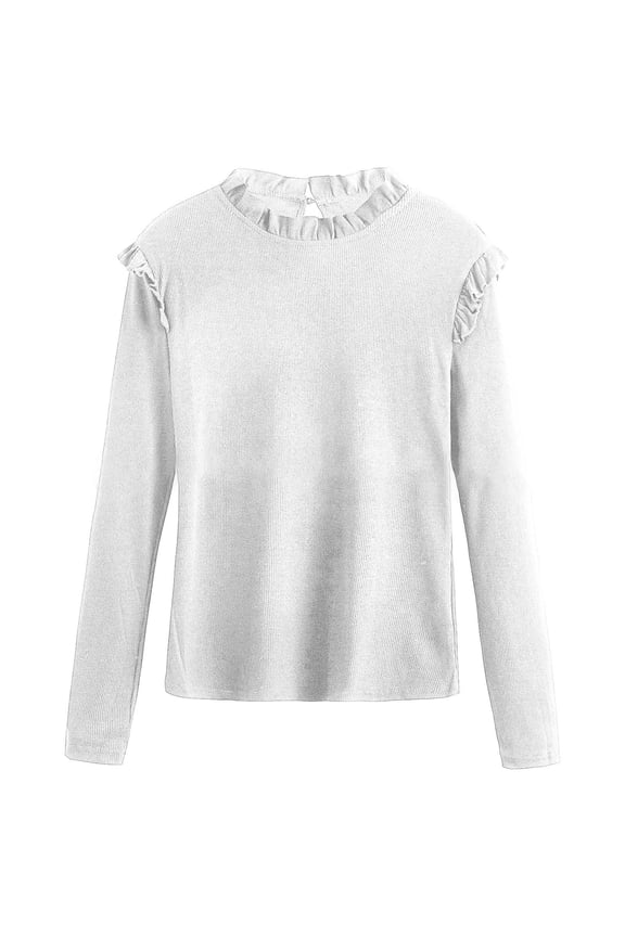 Womens Tops Casual Long Sleeve Slim Fit Ruffles Shoulder Ribbed Blouse,White,S