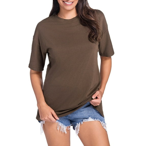 Womens Tops Casual Loose Fit Solid Color Tee Breathable Short Sleeve T Shirt Shirts for Women Brown L