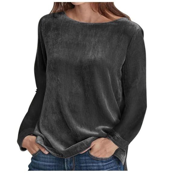 Womens Tops Casual Loose Fit Solid Color Velvet Hoodie With Round Neck And Long Sleeves Chiffon Blouses For Women