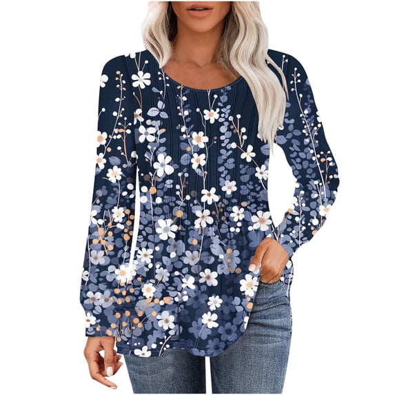Womens Tops Casual Loose Fitting Pleated Round Neck Trendy Floral Print Long Sleeve Round Neck T-Shirt Tunic Tops,Blue 3,XL