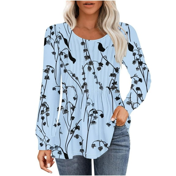 Womens Tops Casual Loose Fitting Pleated Round Neck Trendy Floral Print Long Sleeve Round Neck T-Shirt Tunic Tops,Sky Blue,S
