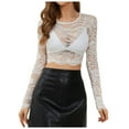 thumbnail image 1 of Womens Tops Casual Mesh Lace Sheer Shirt Long Sleeve Cropped Blouse,White,2XL, 1 of 5