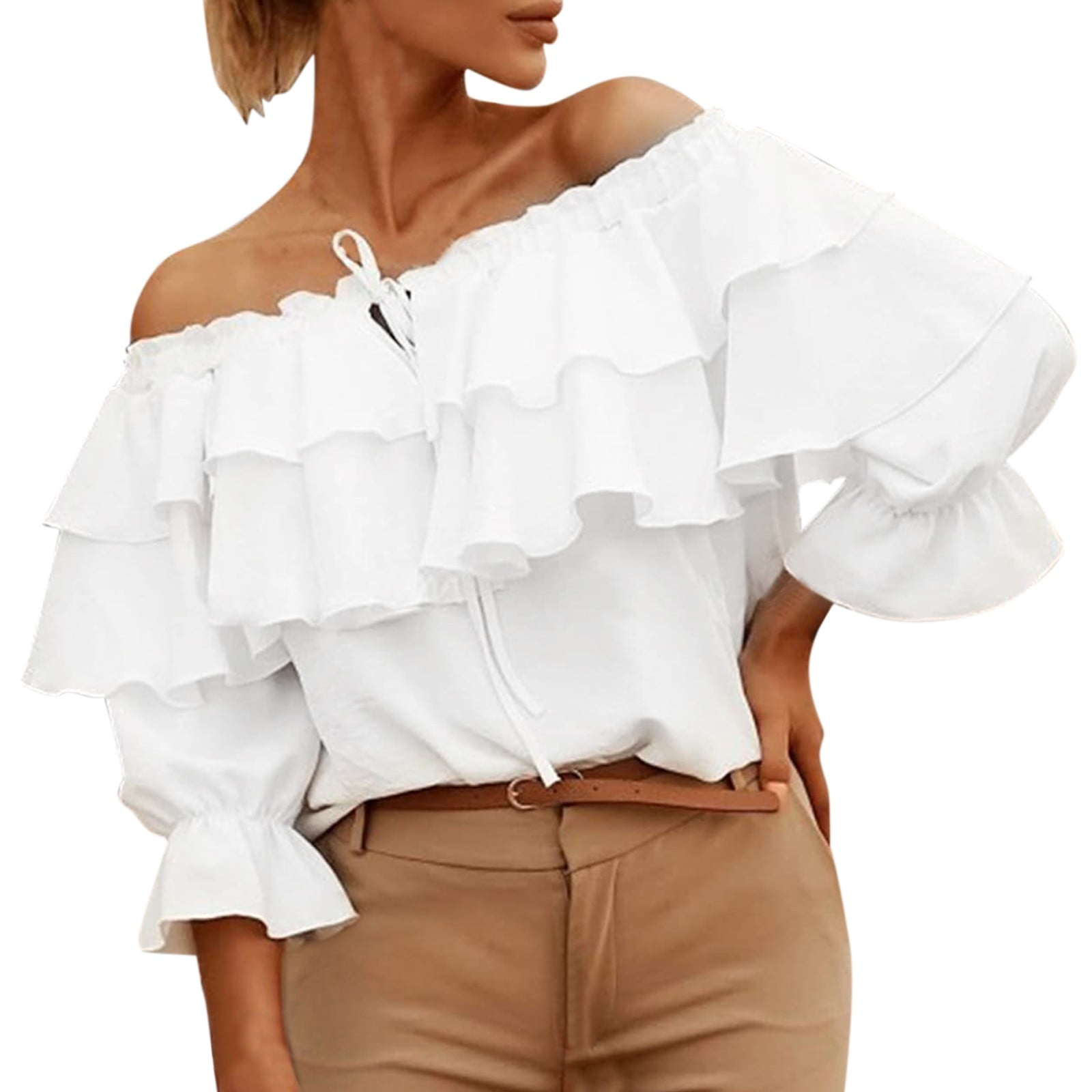 white long sleeve ruffle top