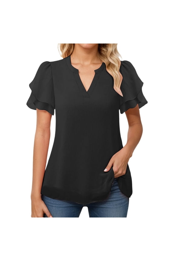 Womens Tops Casual Peplum Hem Flutter Sleeves Chiffon Plain Blouses,Black,L