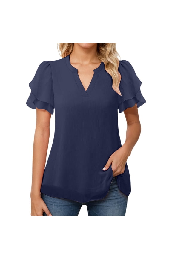 Womens Tops Casual Peplum Hem Flutter Sleeves Chiffon Plain Blouses,Blue,M