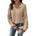 thumbnail image 1 of Womens Tops Casual Pleated V Neck Puff Long Sleeve T Shirts Loose Tunic Business Blouse Khaki M, 1 of 8