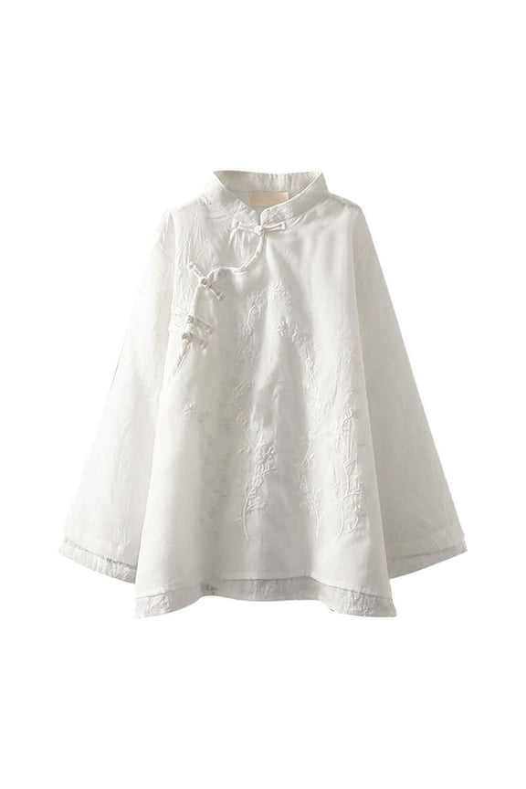 Womens Tops Casual Plus Size Embroidery Button Chinese Zen Style Loose Patchwork Round Neck Blouse,White,4xl=6