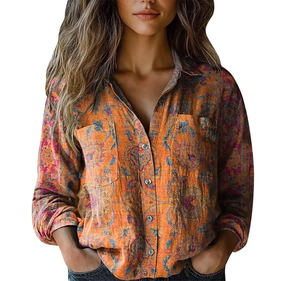 Womens Tops Casual Print Long Sleeve Cotton Button Blouse Spring Summer Shirts for Women Orange 4Xl