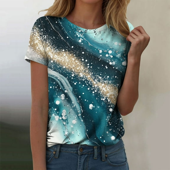 Womens Tops Casual Print Short Sleeve Round Neck T-Shirt Stylish Summer Top Blue S