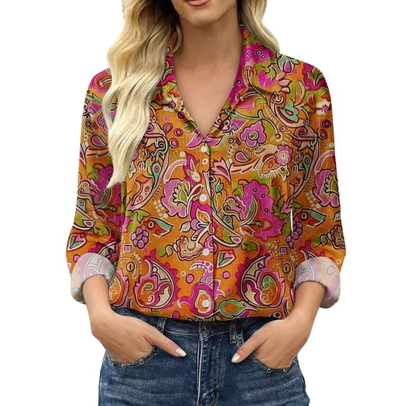 Womens Tops Casual Printed Satin Long Sleeve Shirt Retro Flower Design Blouses for Women Dressy Casual